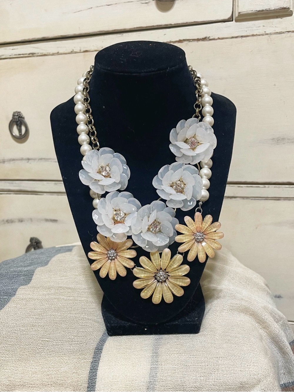 Two Floral Statement Necklace - White and Gold